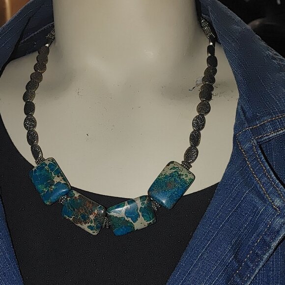 Vintage Silver Necklace Unknown Stone Brown Turquoise Tone Chunky Statement - Picture 16 of 16